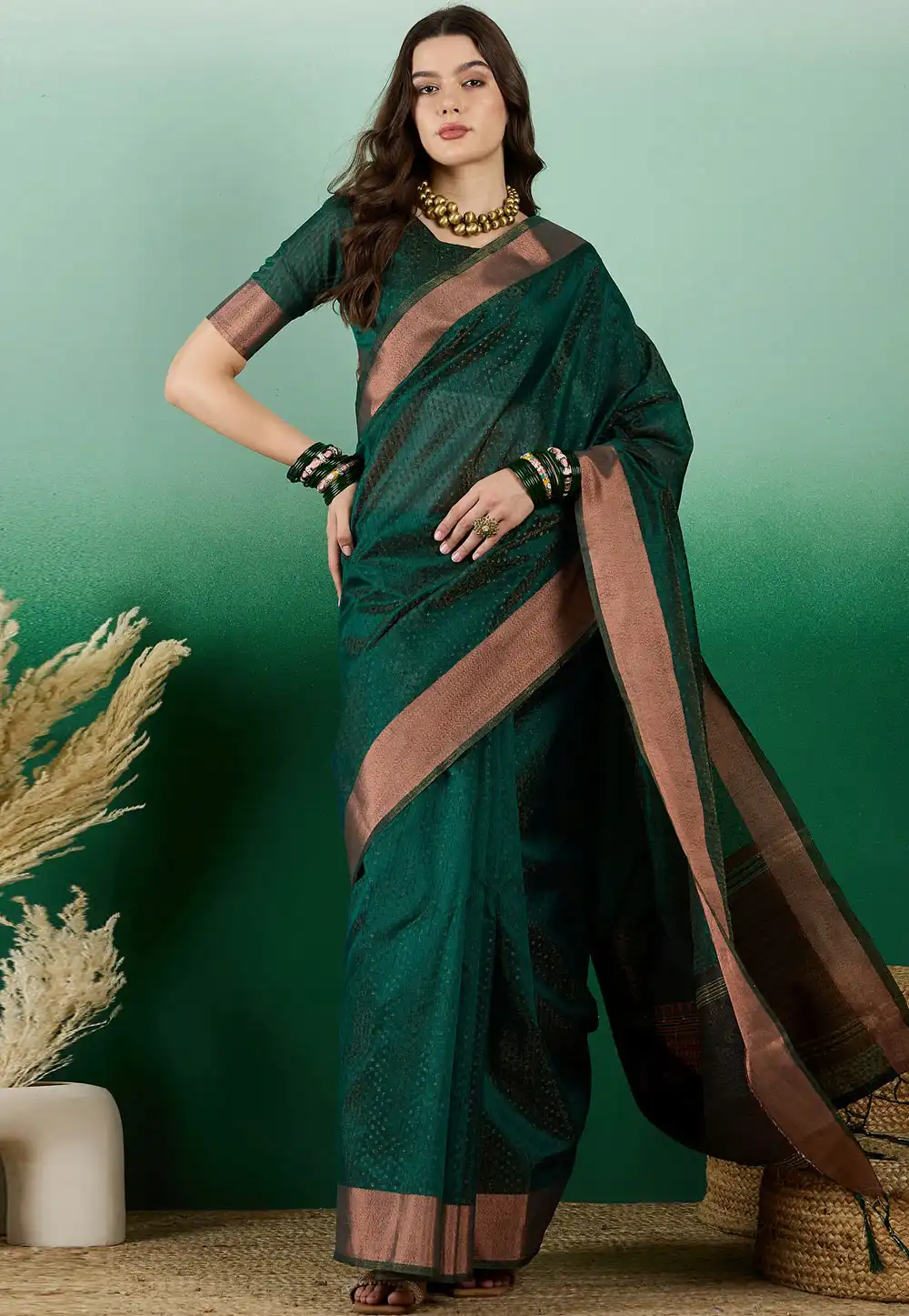 Green Khadi Saree With Blouse 290226