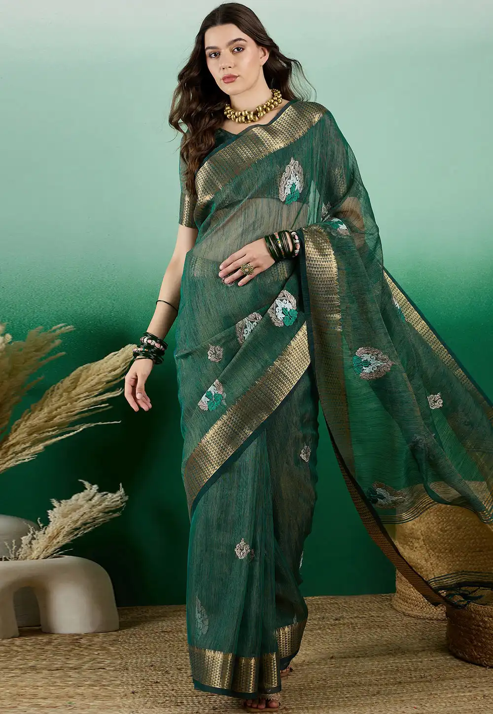 Green Khadi Saree With Blouse 290243