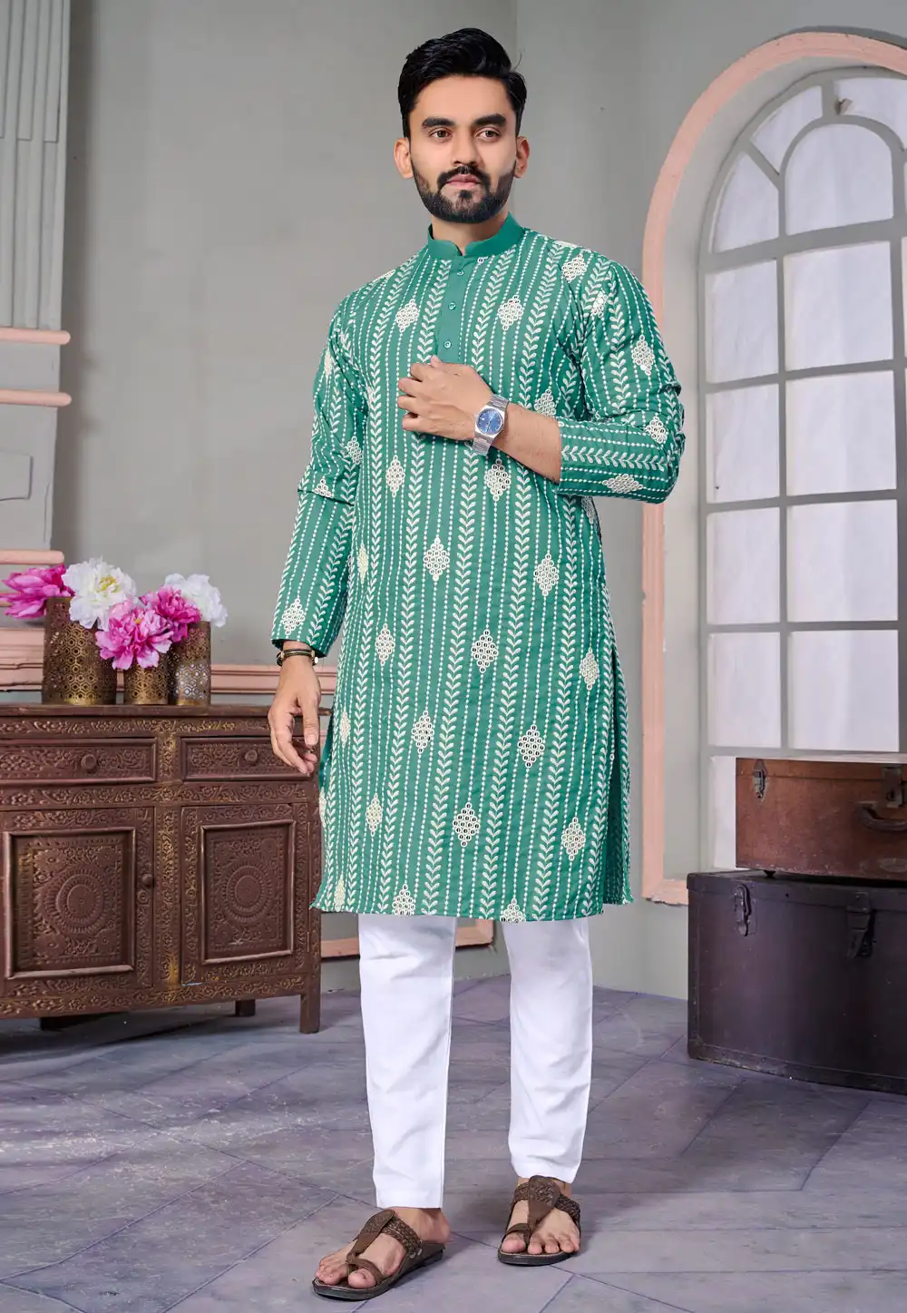 Green Linen Kurta Pajama 293833