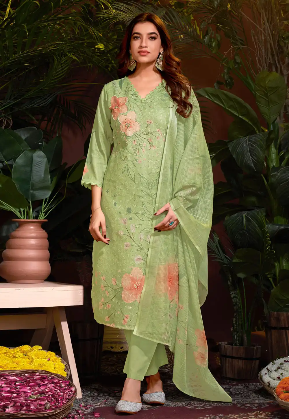 Green Linen Readymade Pakistani Suit 288536