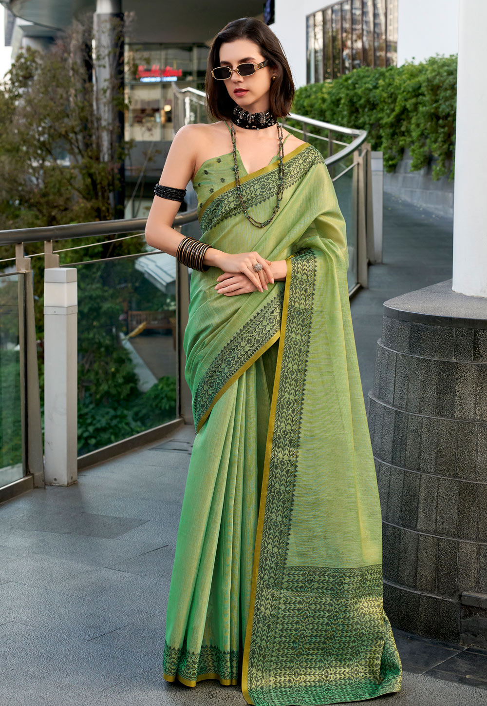 Green Linen Saree With Blouse 304971