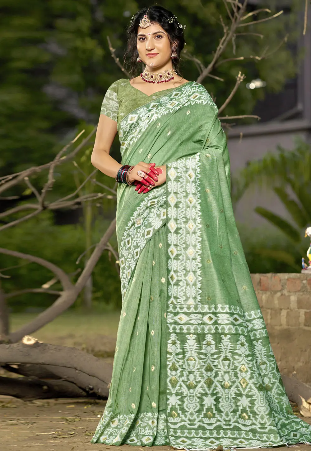 Green Linen Saree With Blouse 303097