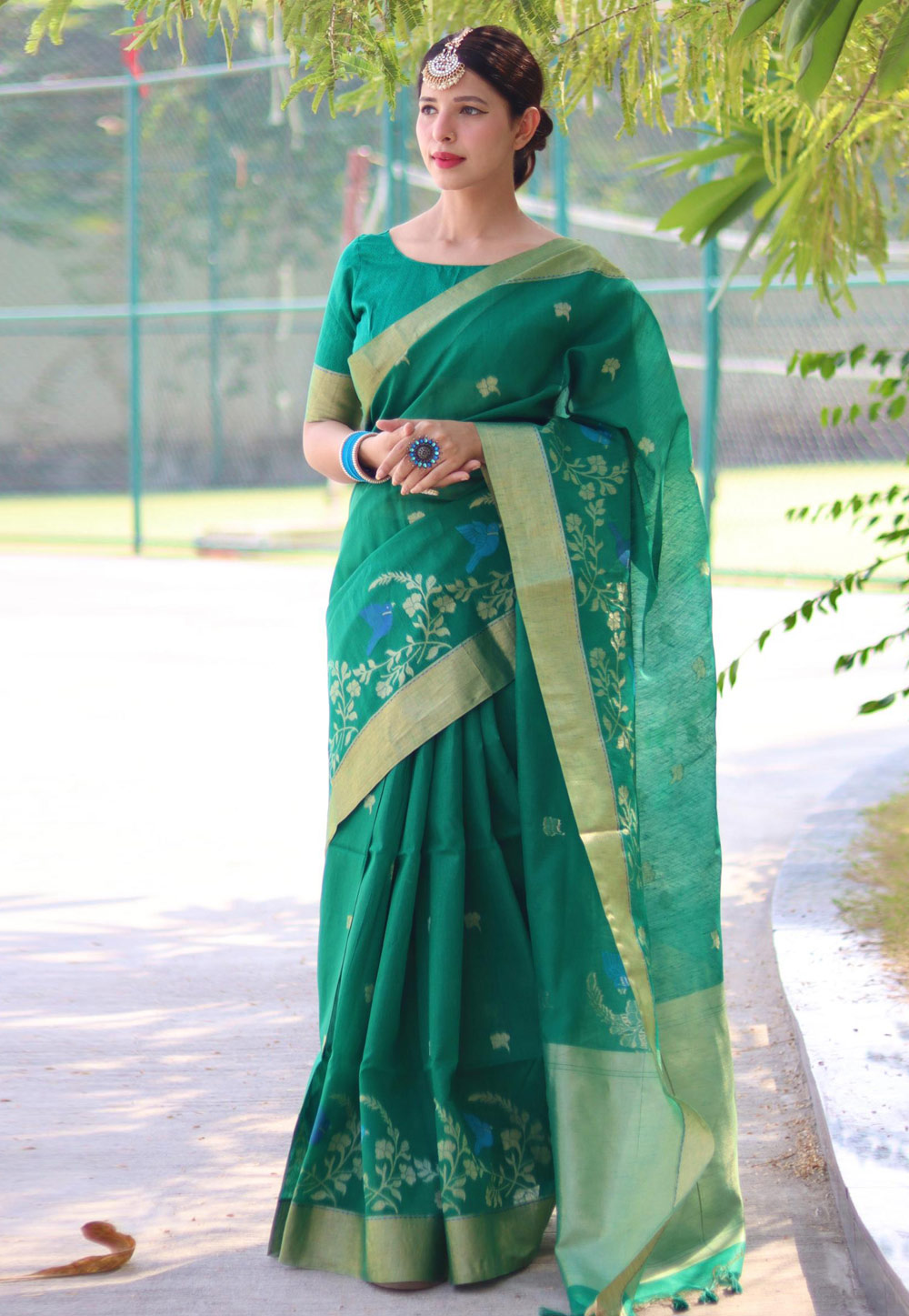 Green Linen Saree With Blouse 278932