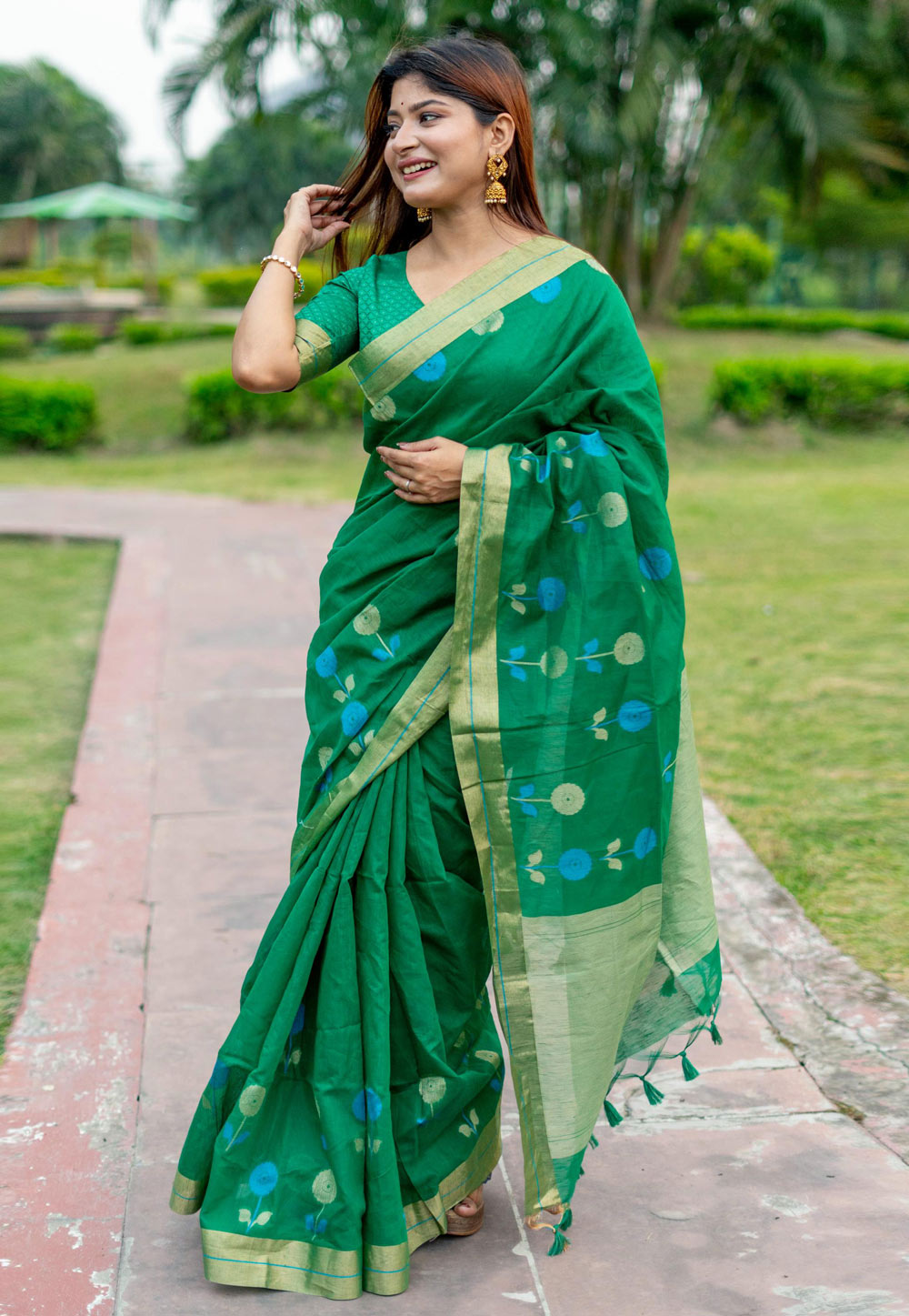 Green Linen Saree With Blouse 280413