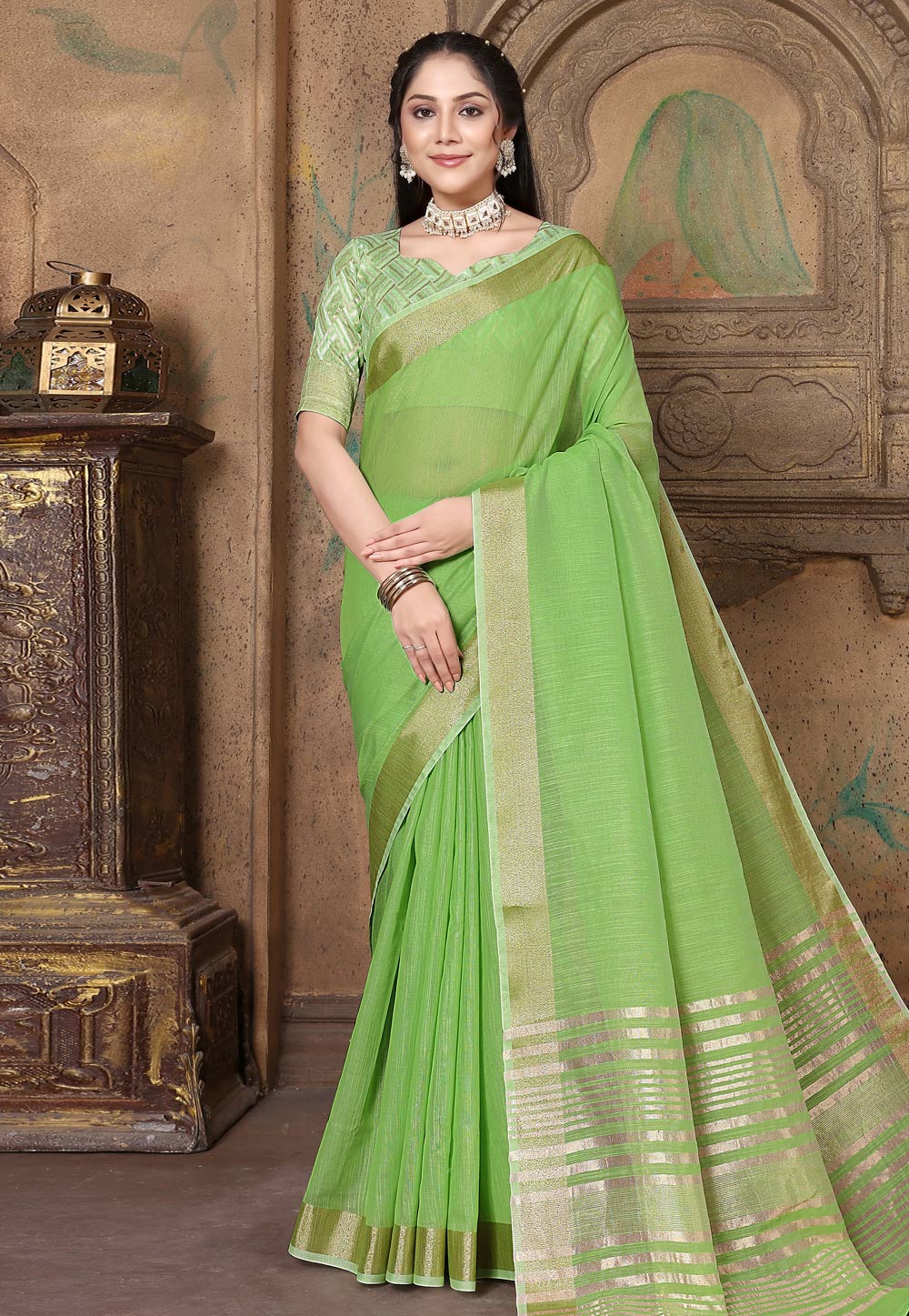 Green Linen Saree With Blouse 279755
