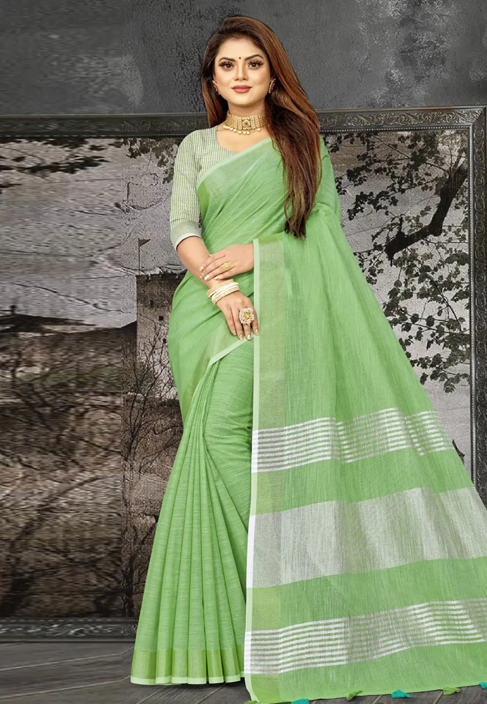 Green Linen Saree With Blouse 303109