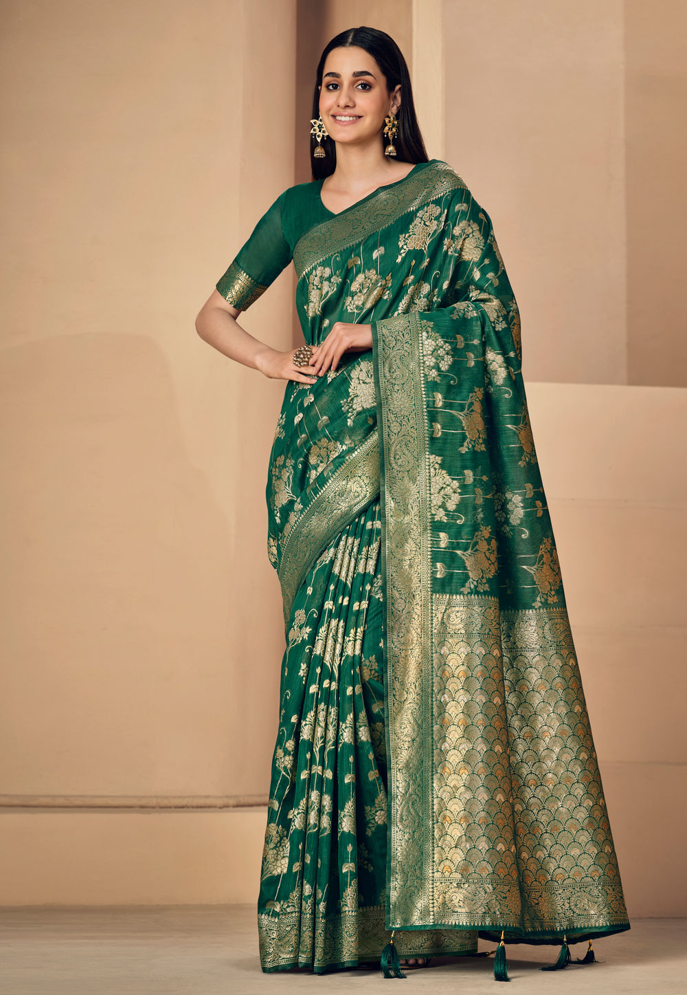 Green Linen Saree With Blouse 279770