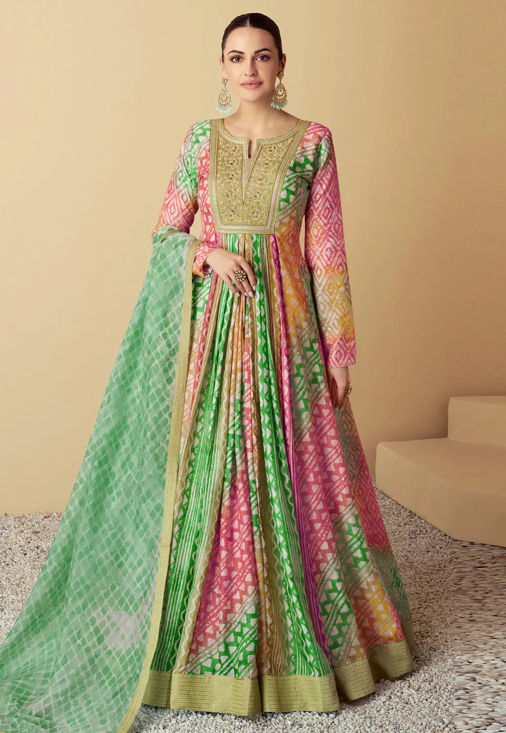 Green Muslin Long Anarkali Suit 301441