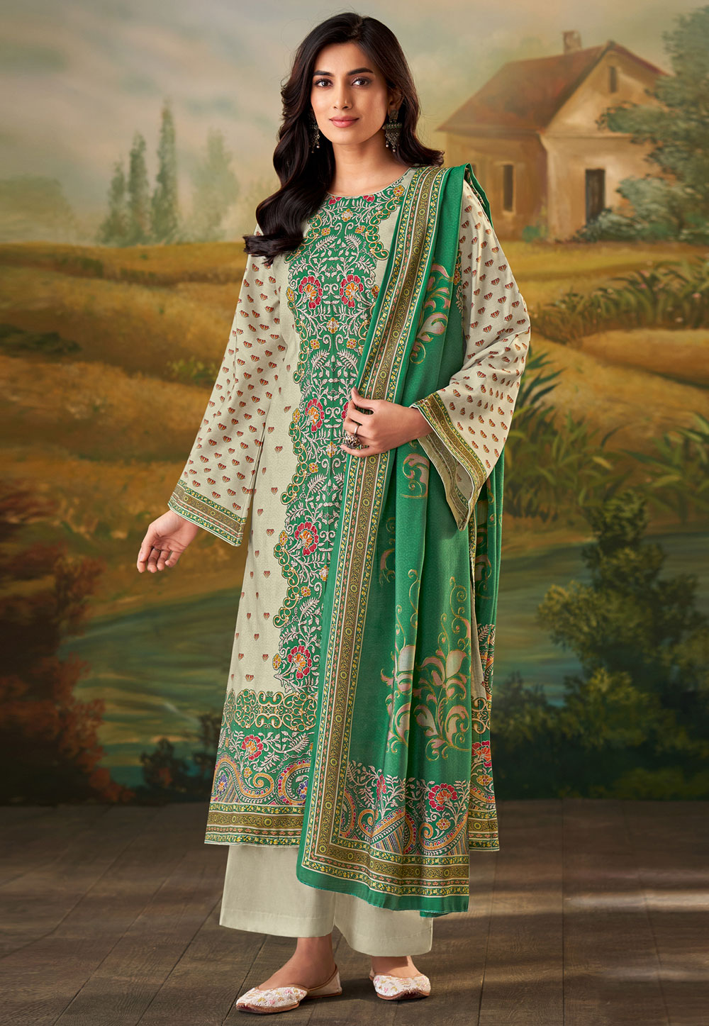 Green Muslin Pakistani Suit 310161