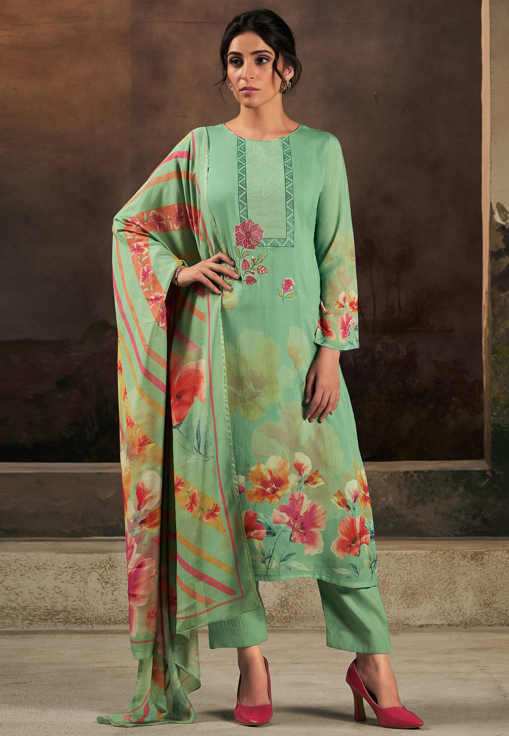Green Muslin Pakistani Suit 311050