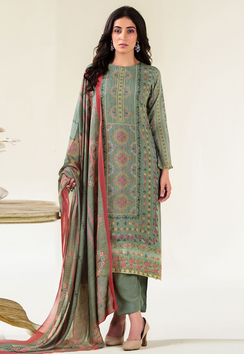 Green Muslin Pakistani Suit 311060