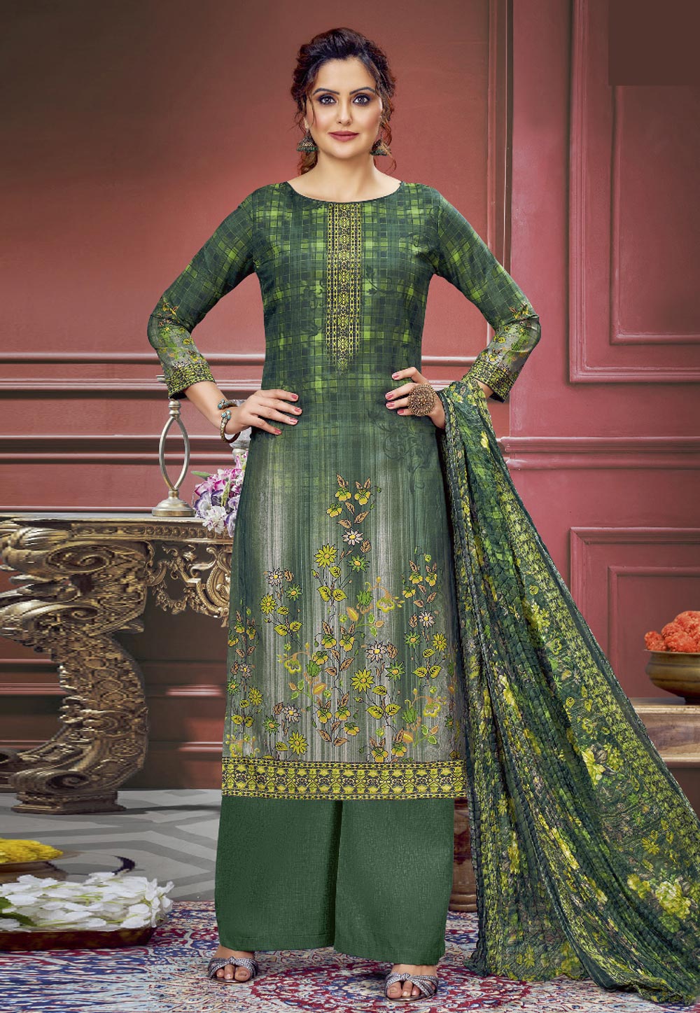 Green Muslin Pakistani Suit 284986