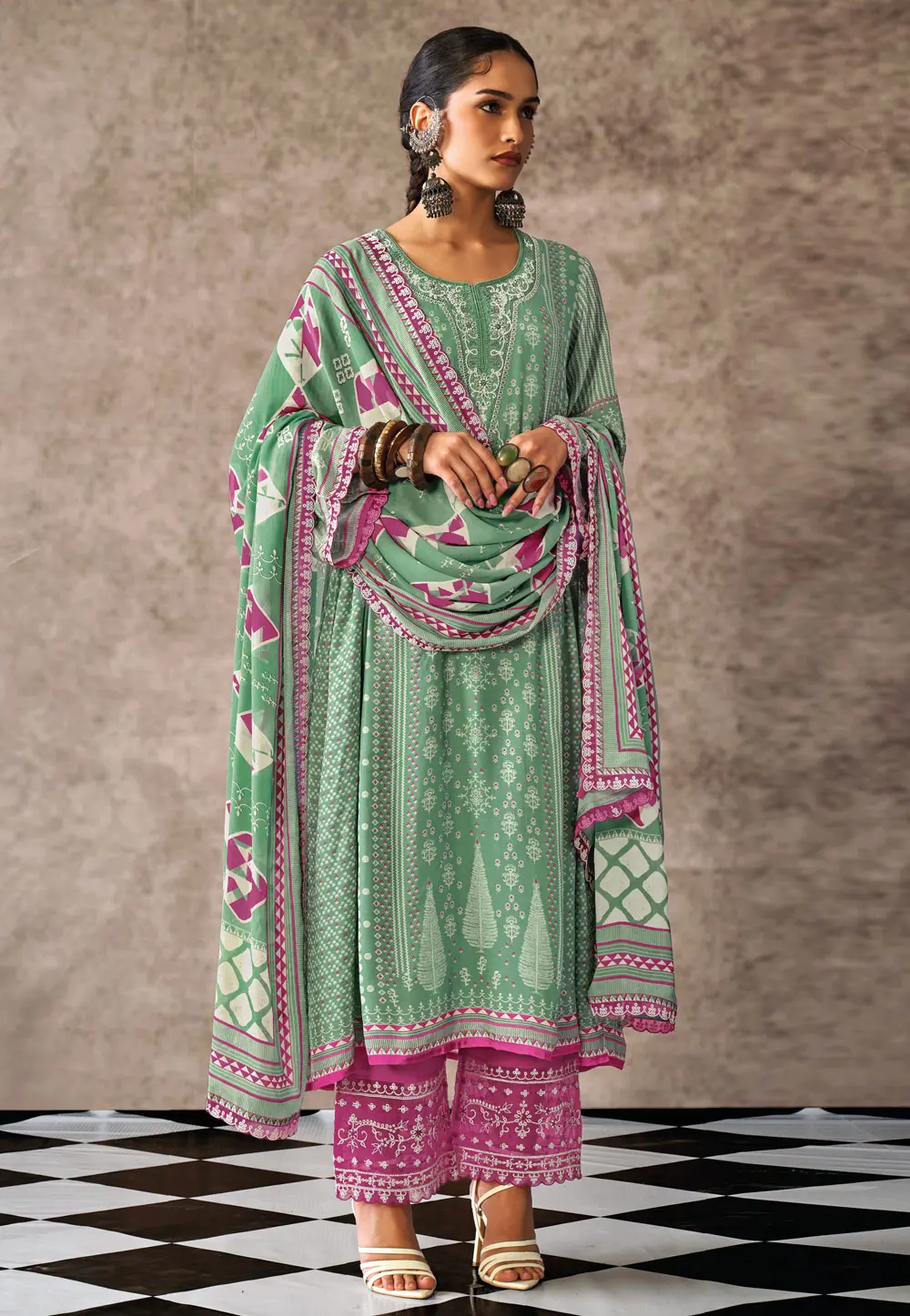 Green Muslin Pakistani Suit 302743