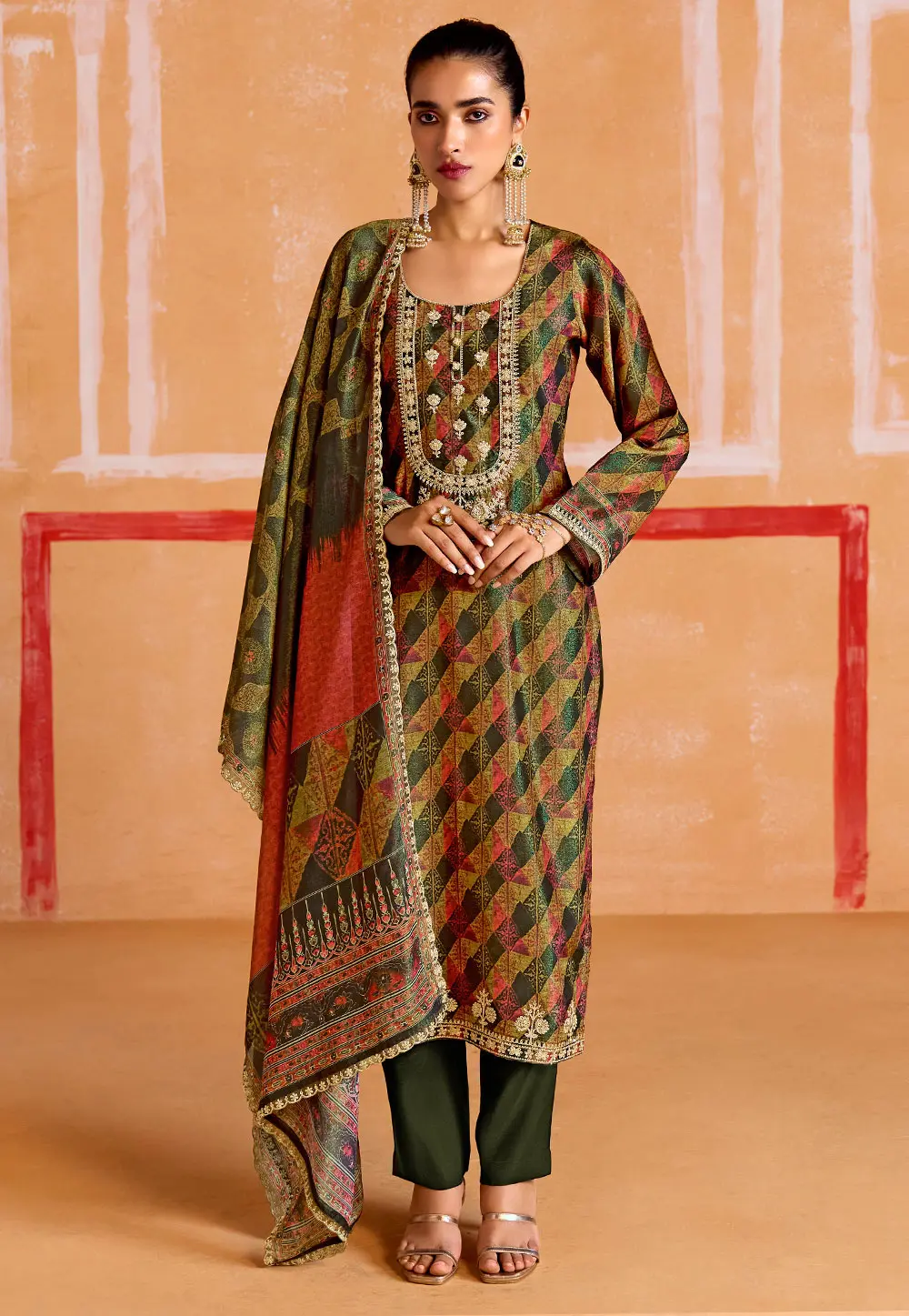 Green Muslin Pakistani Suit 302329