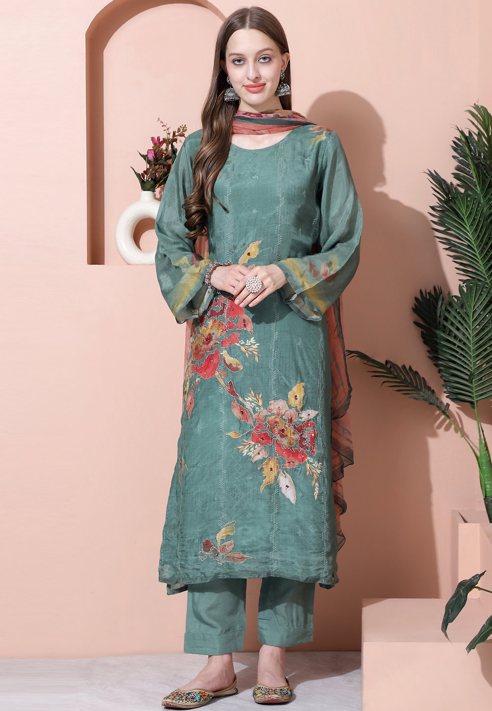 Green Muslin Pant Style Suit 310068