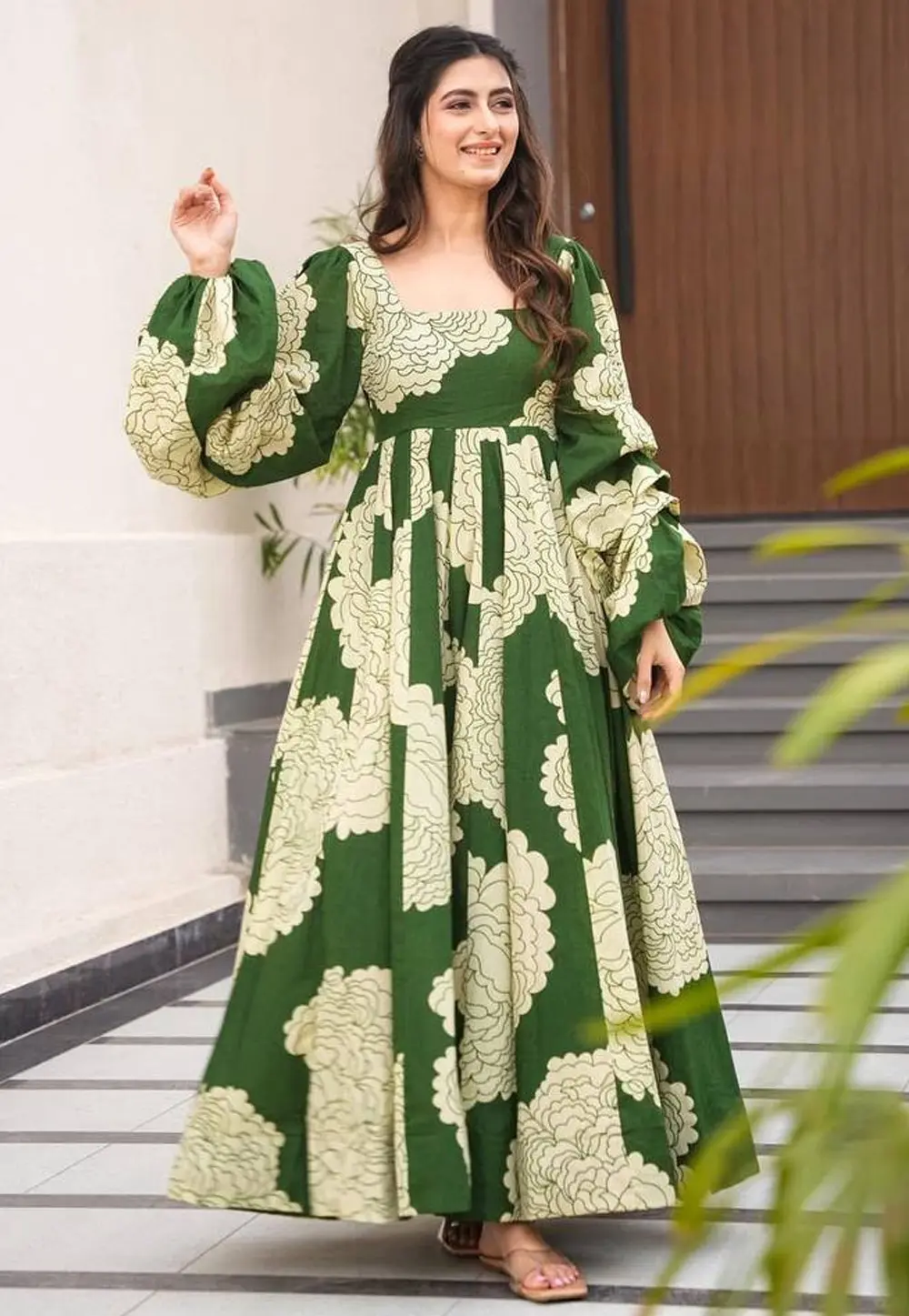 Green Muslin Printed Gown 303383