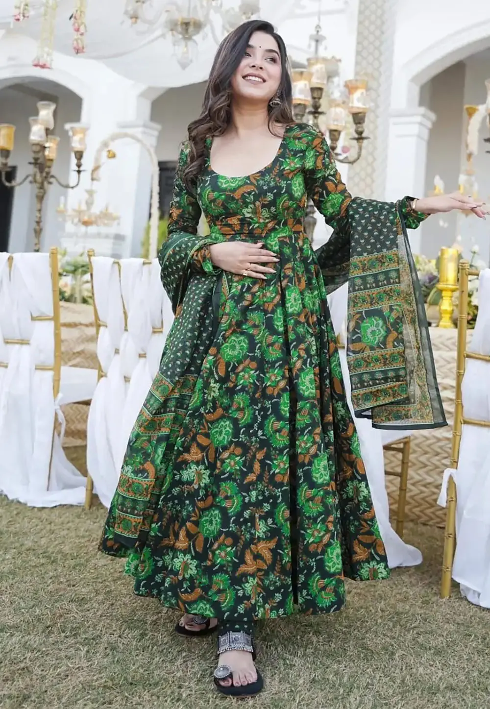 Green Muslin Readymade Anarkali Suit 299279