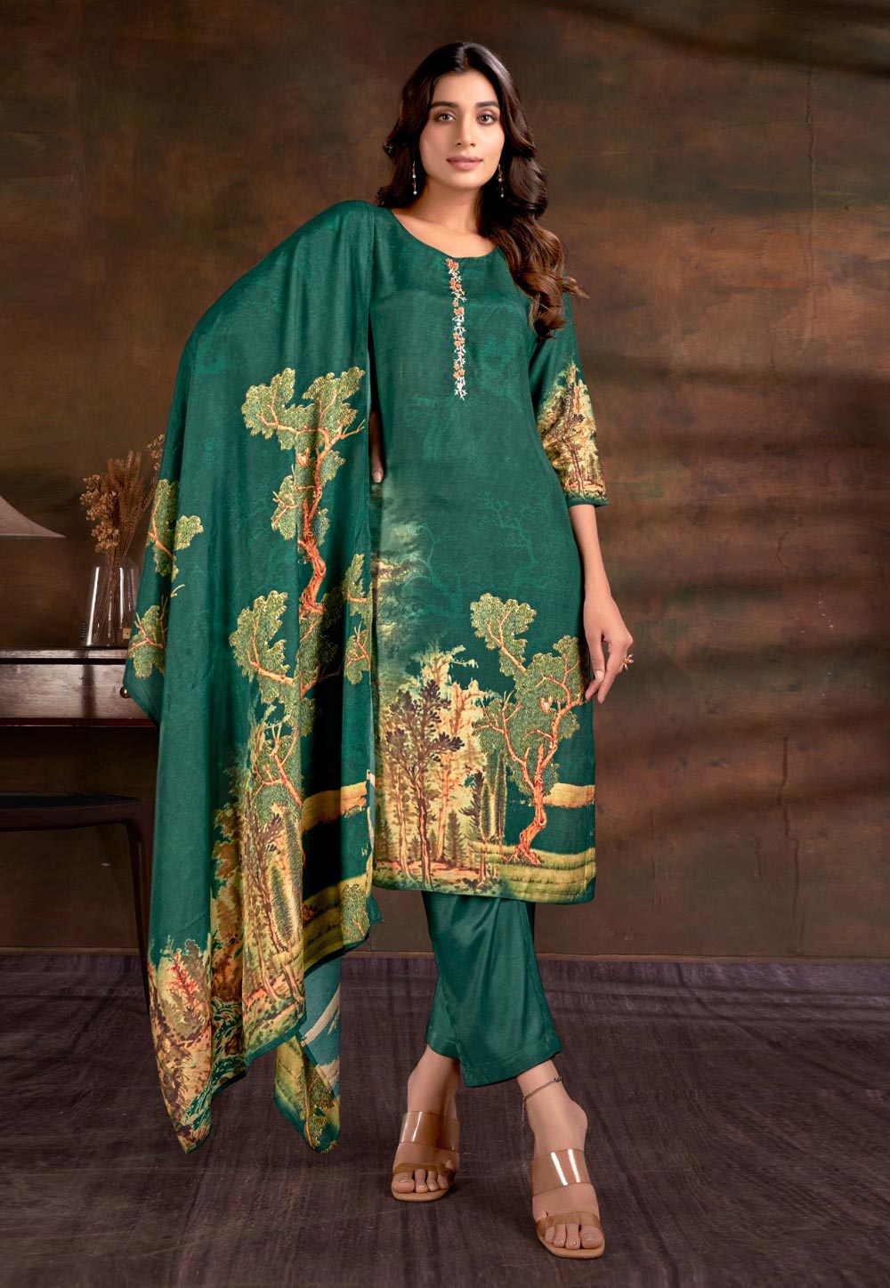 Green Muslin Readymade Pakistani Suit 281880