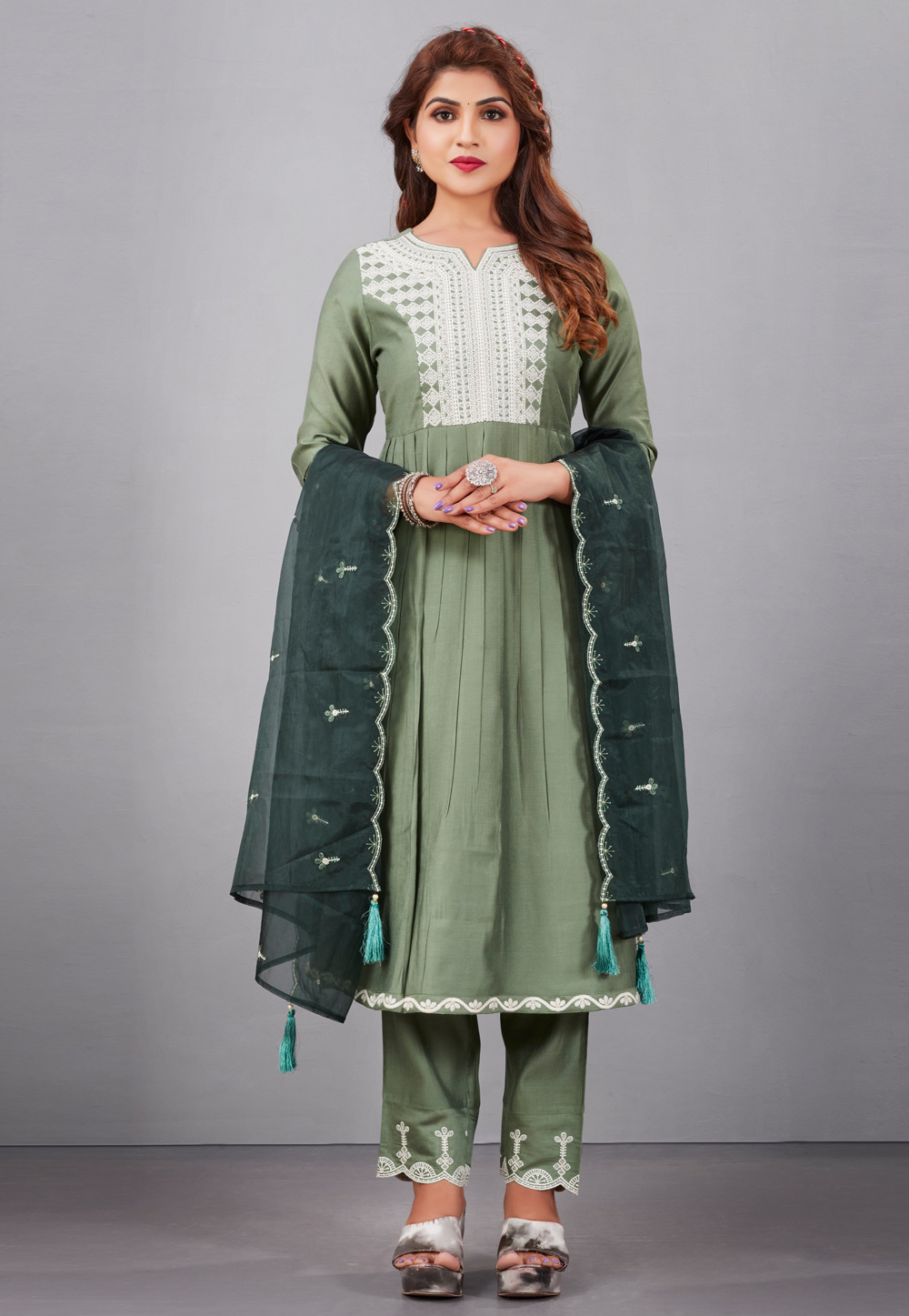 Green Muslin Readymade Pant Style Suit 281249