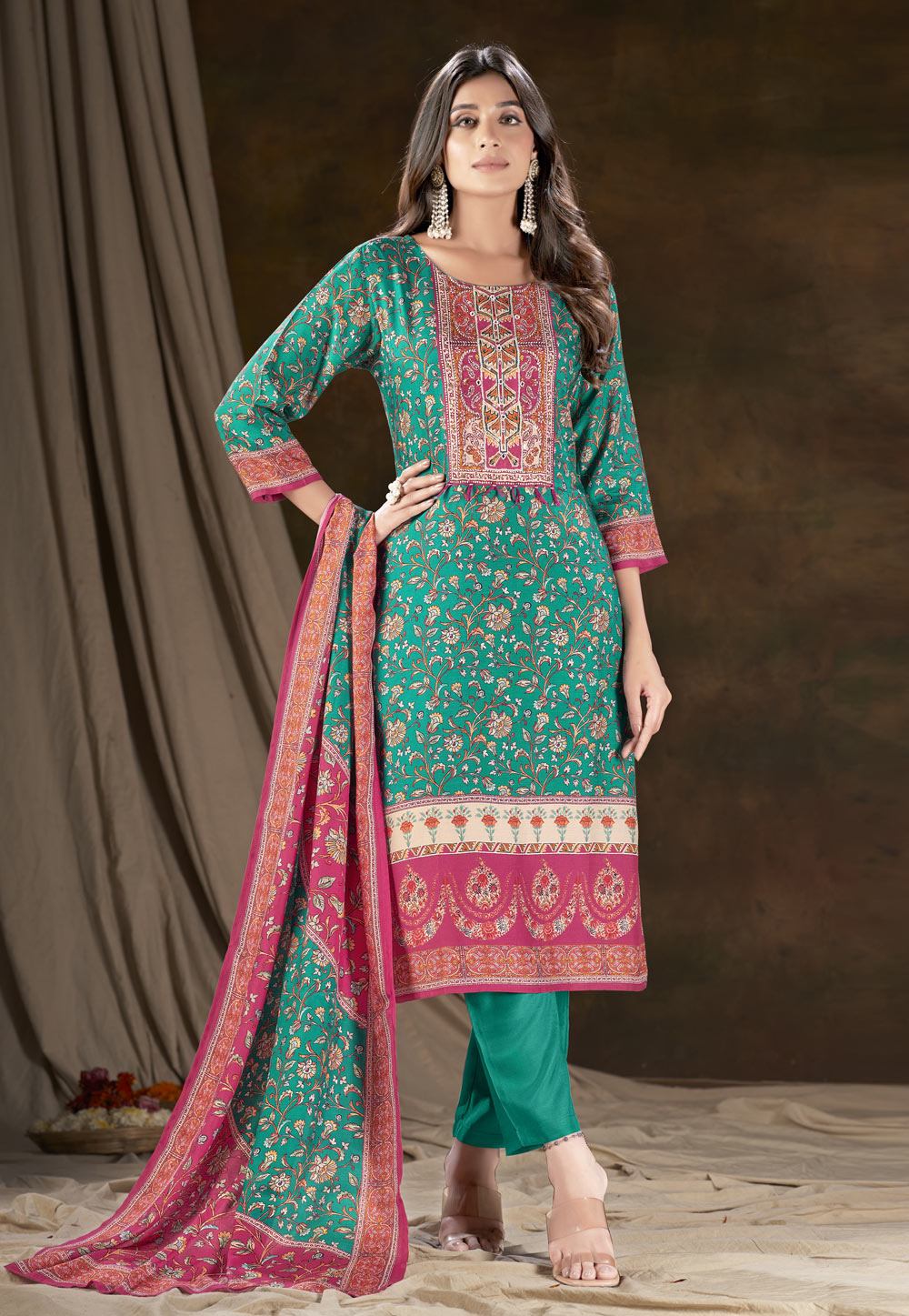 Green Muslin Readymade Pant Style Suit 281877