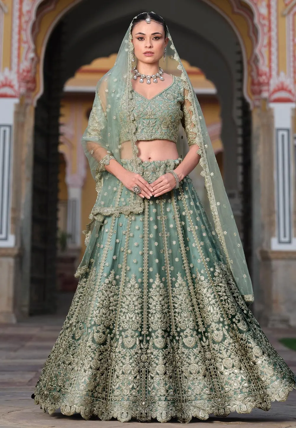 Green Net Circular Lehenga Choli 301453