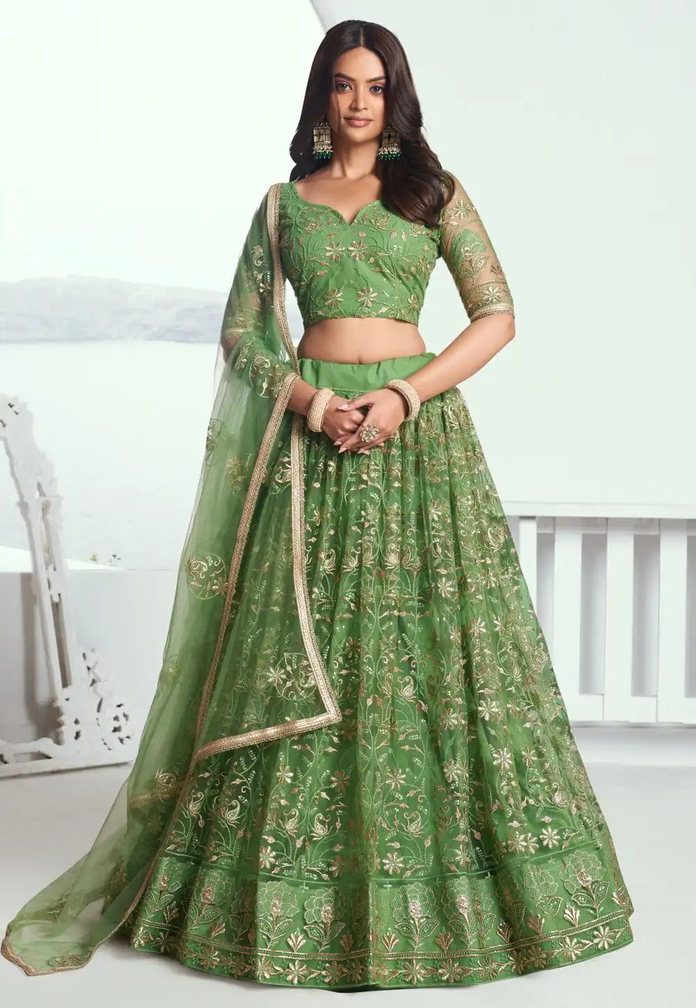 Green Net Circular Lehenga Choli 294294