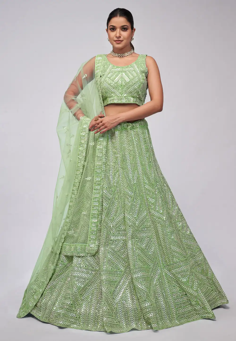 Green Net Circular Lehenga Choli 288602