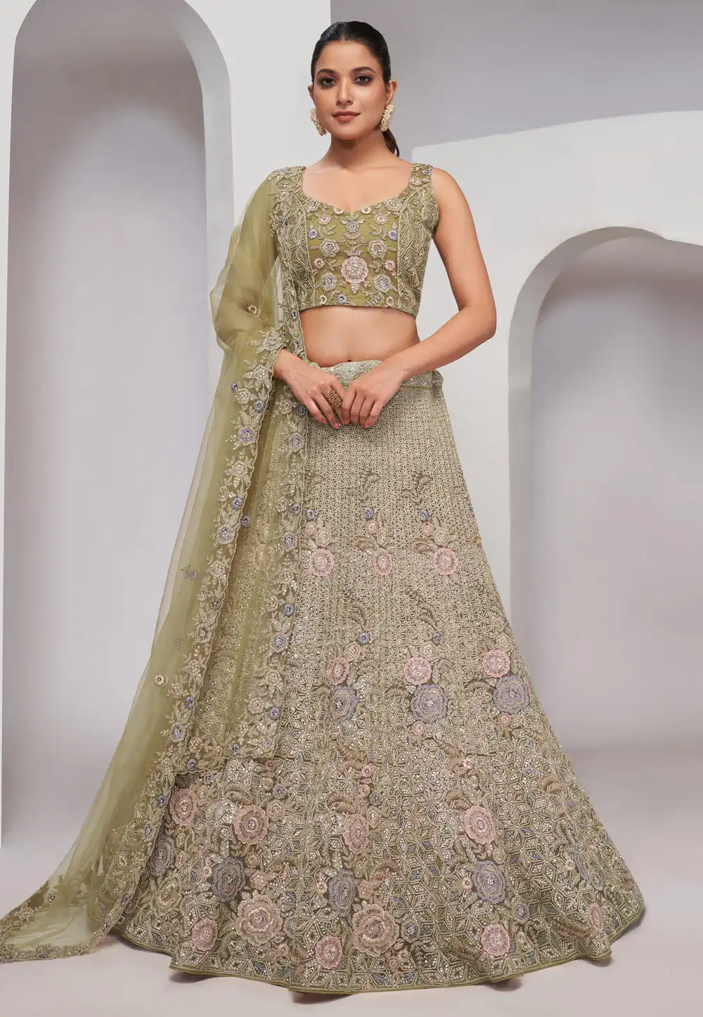 Green Net Circular Lehenga Choli 288612