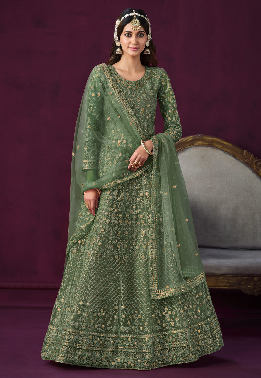 Green Net Embroidered Anarkali Suit 278860