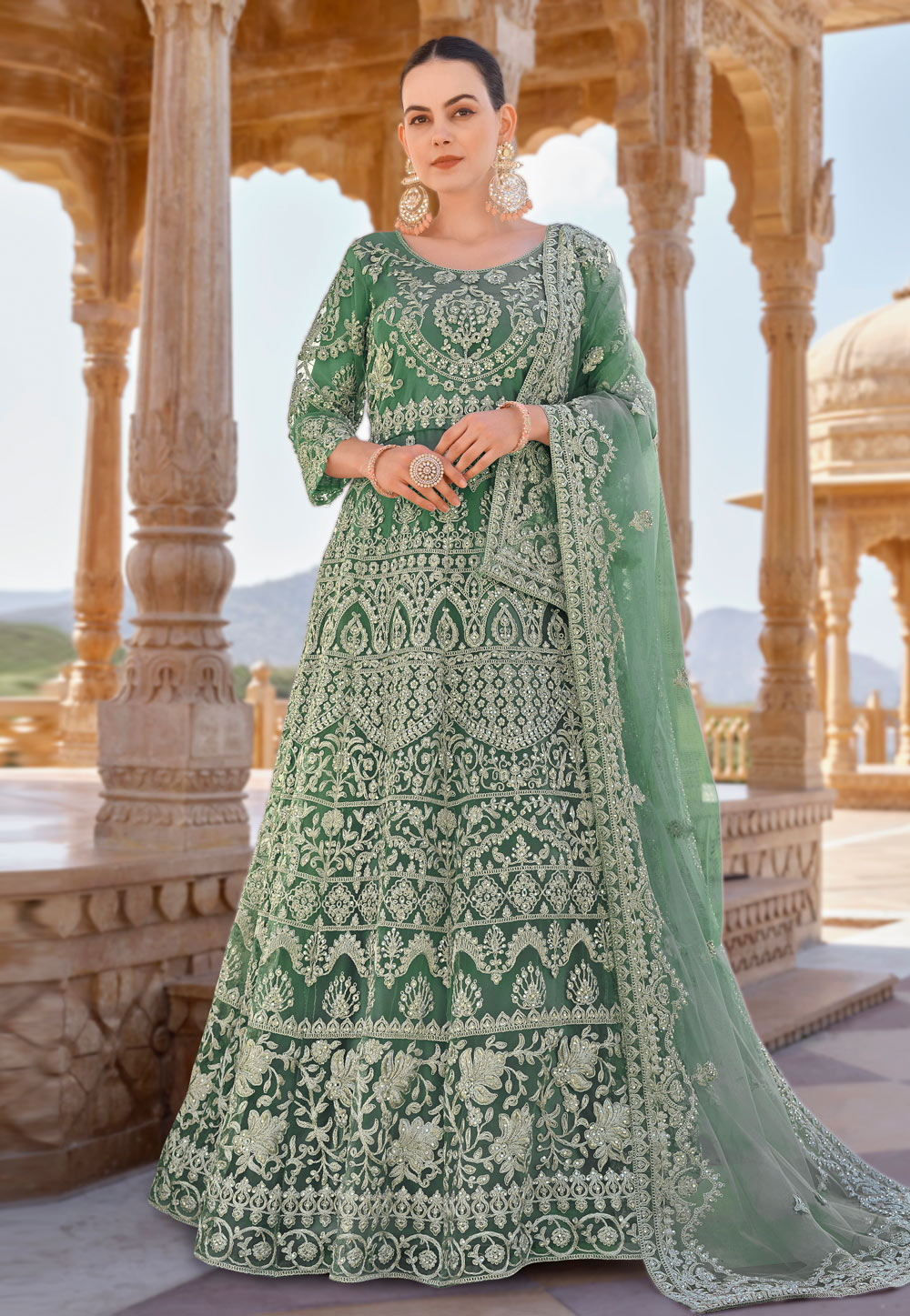 Green Net Embroidered Floor Length Anarkali Suit 282459