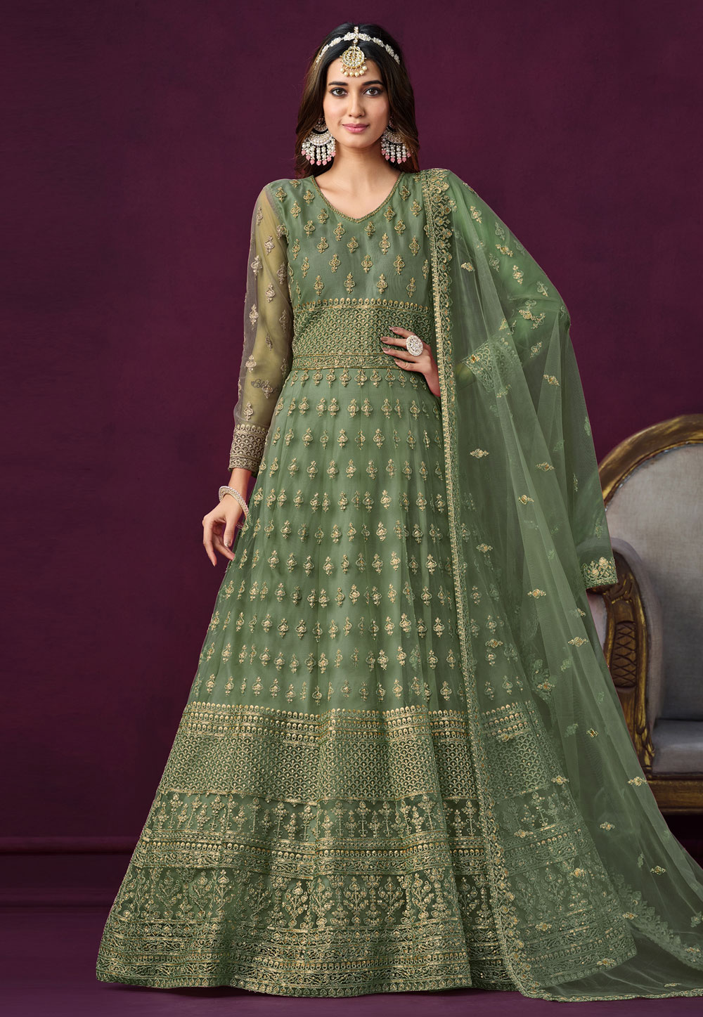 Green Net Embroidered Floor Length Anarkali Suit 280042