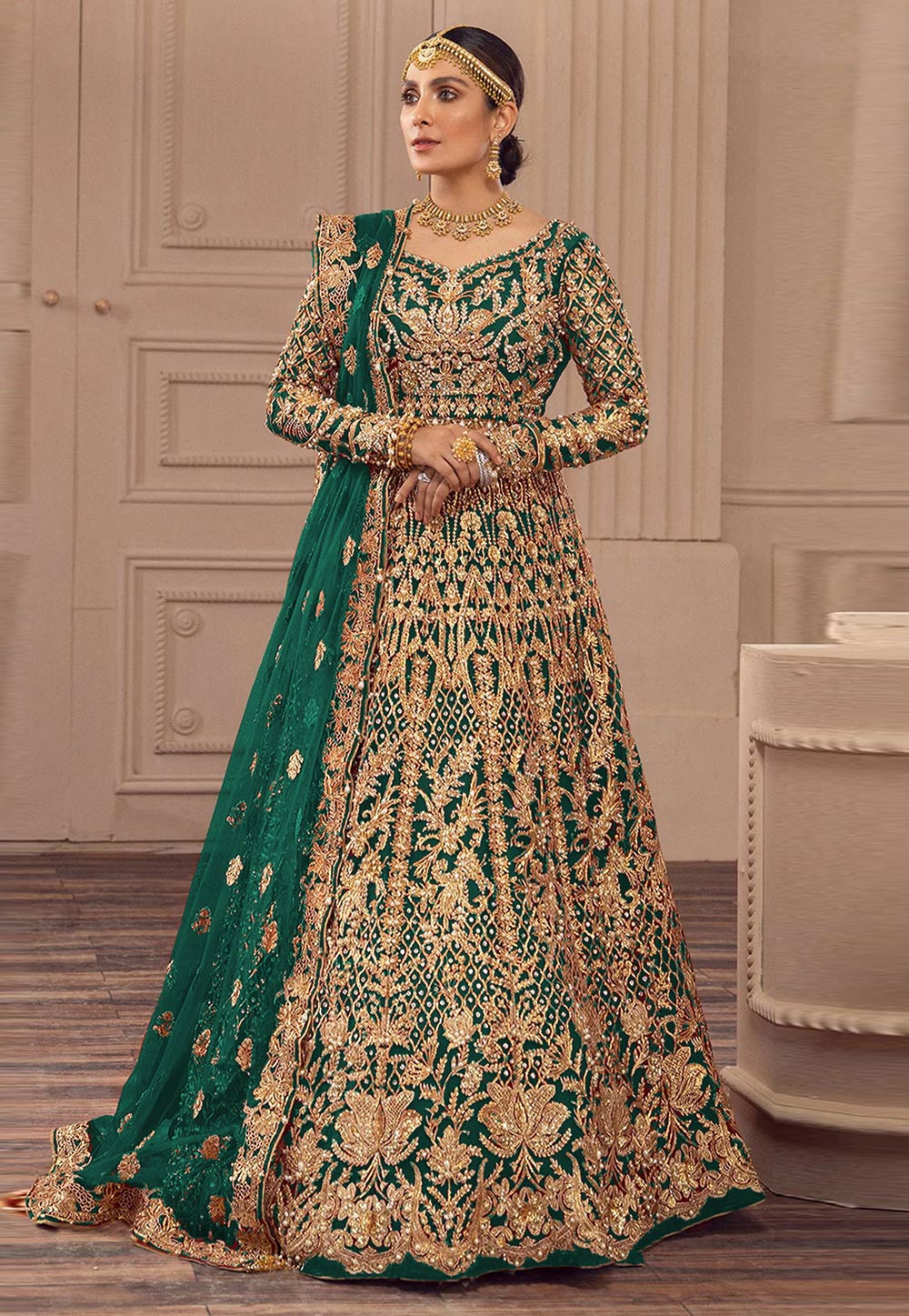 Green Net Embroidered Long Anarkali Suit 310393