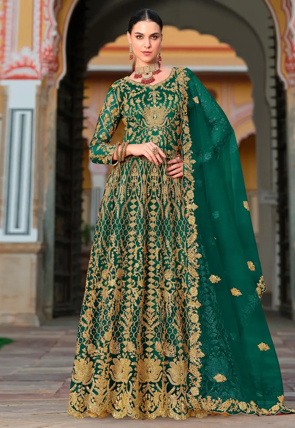 Green Net Embroidered Long Anarkali Suit 303310