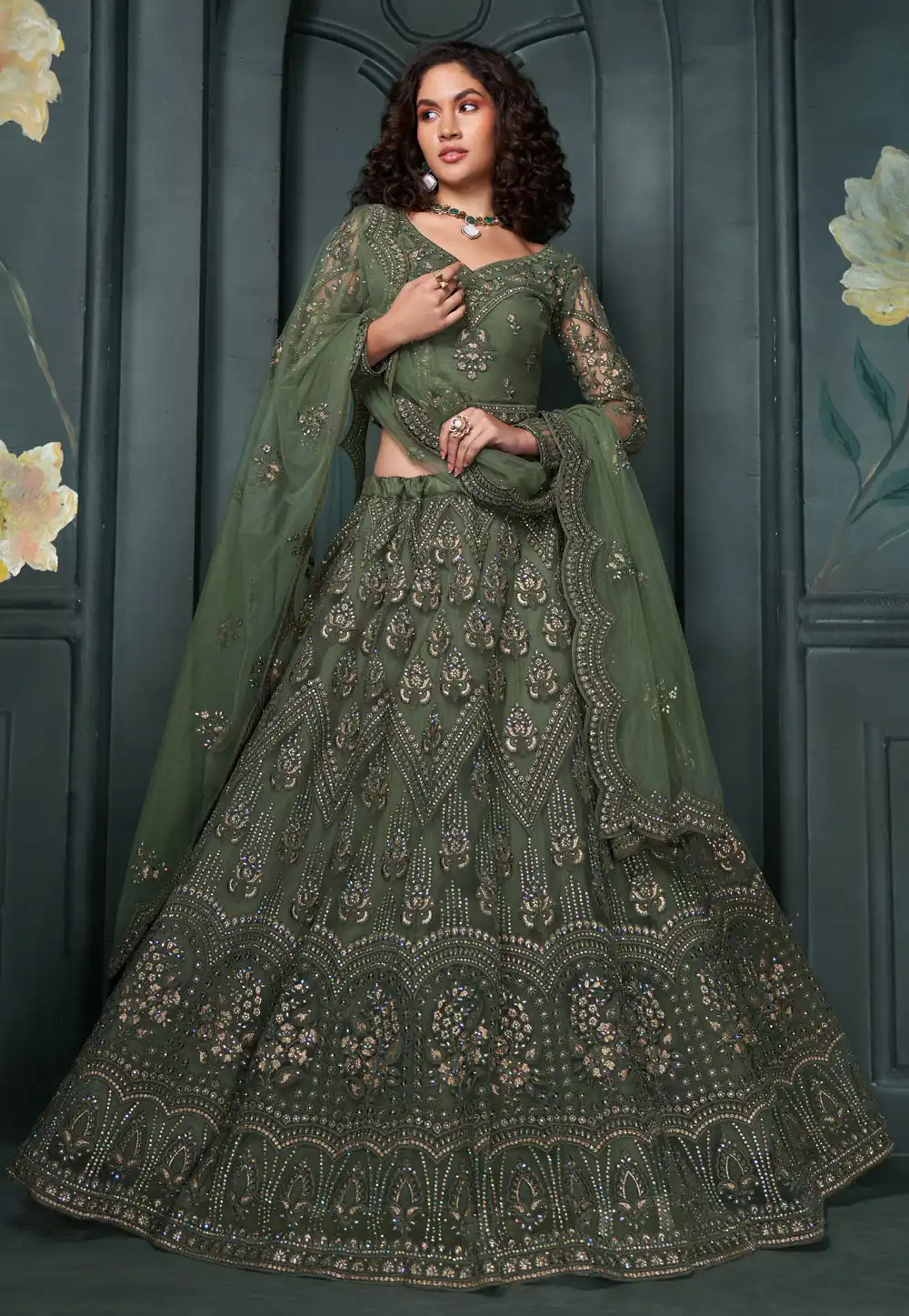 Green Net Lehenga Choli 293126