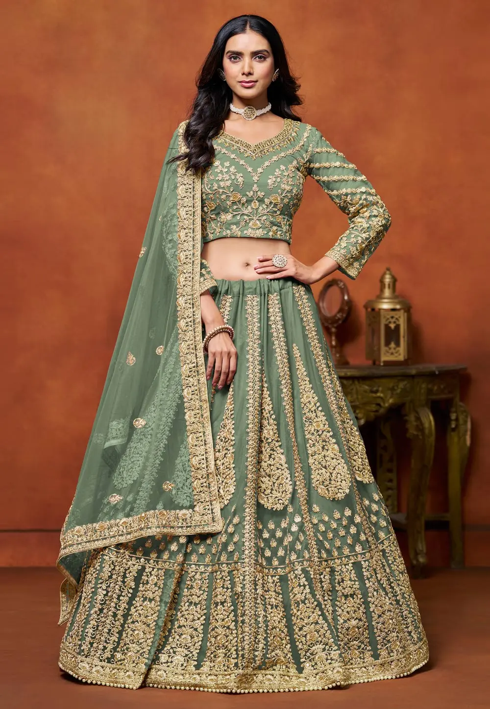 Green Net Lehenga Choli 298228