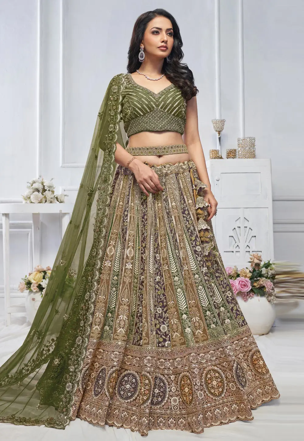 Green Net Lehenga Choli For Wedding 297975