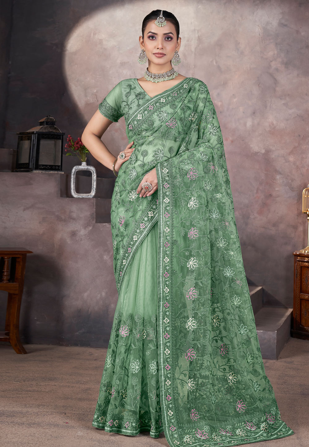 Green Net Saree With Blouse 309399