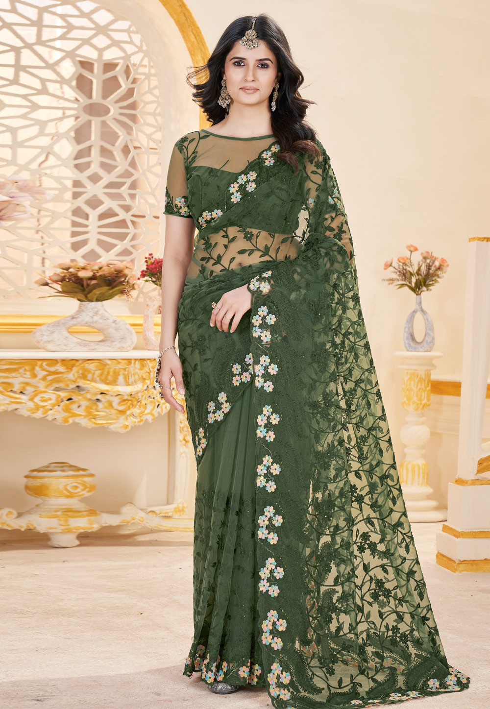Green Net Saree With Blouse 309834