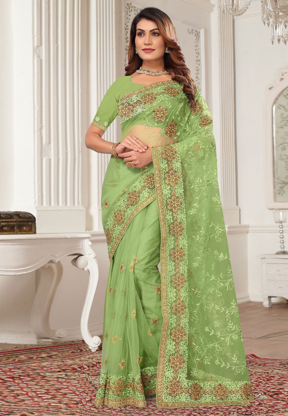 Green Net Saree With Blouse 287665