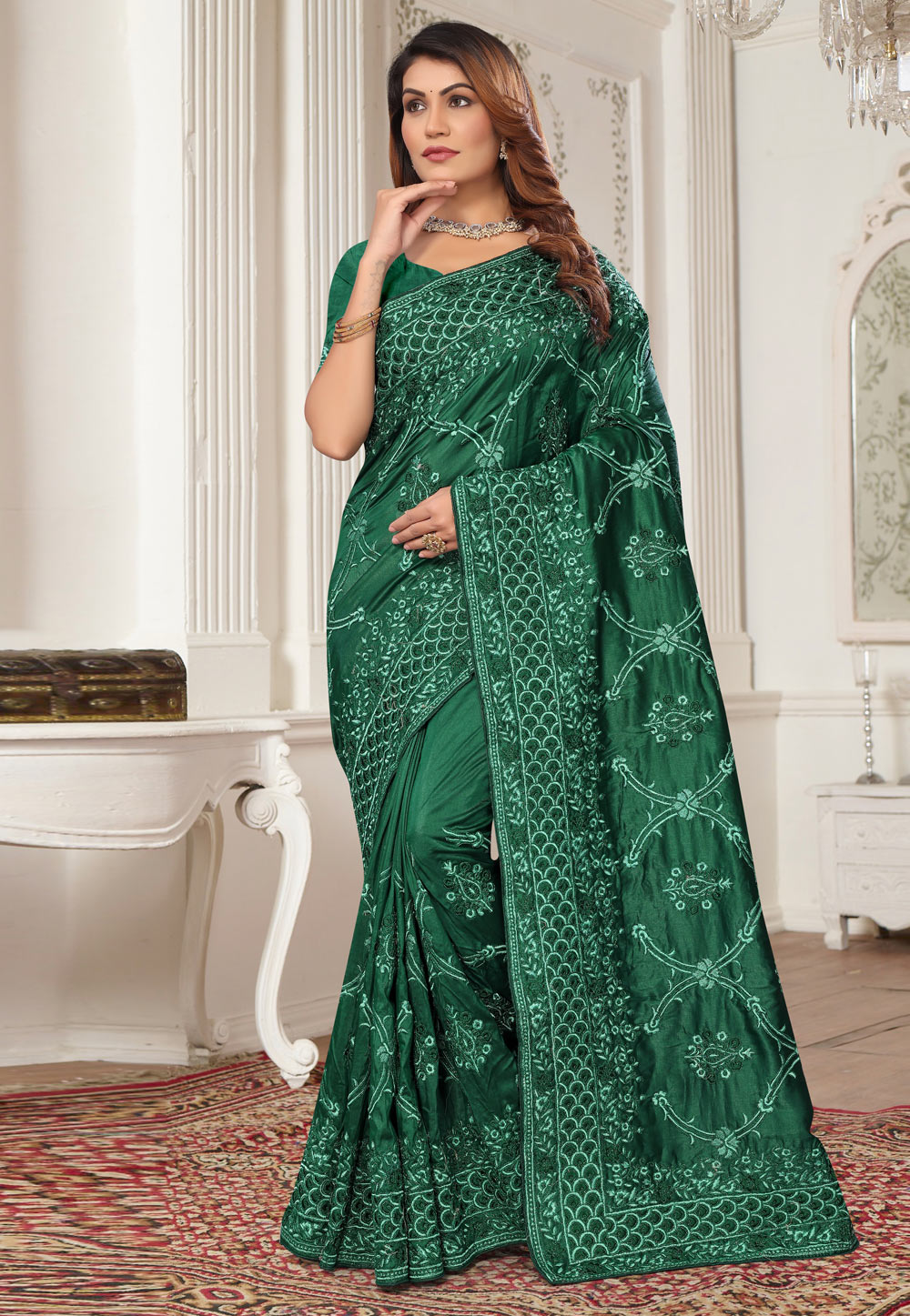 Green Net Saree With Blouse 287668