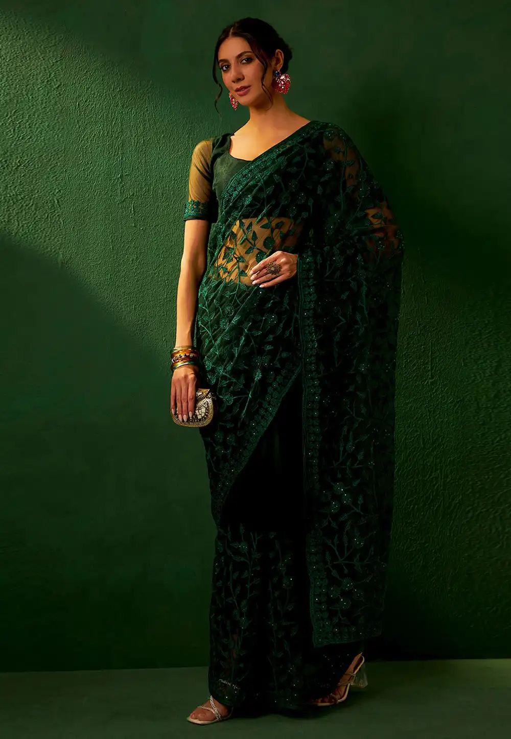 Green Net Saree With Blouse 289755