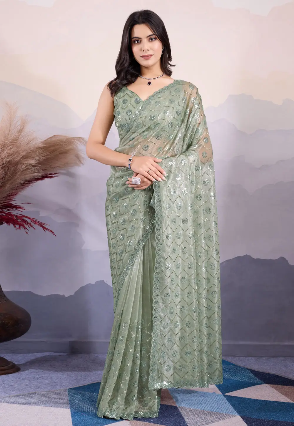 Green Net Sequence Saree 295502