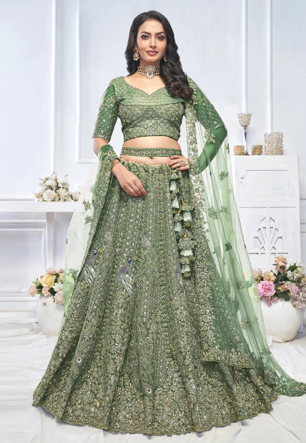 Green Net Wedding Lehenga Choli 297966