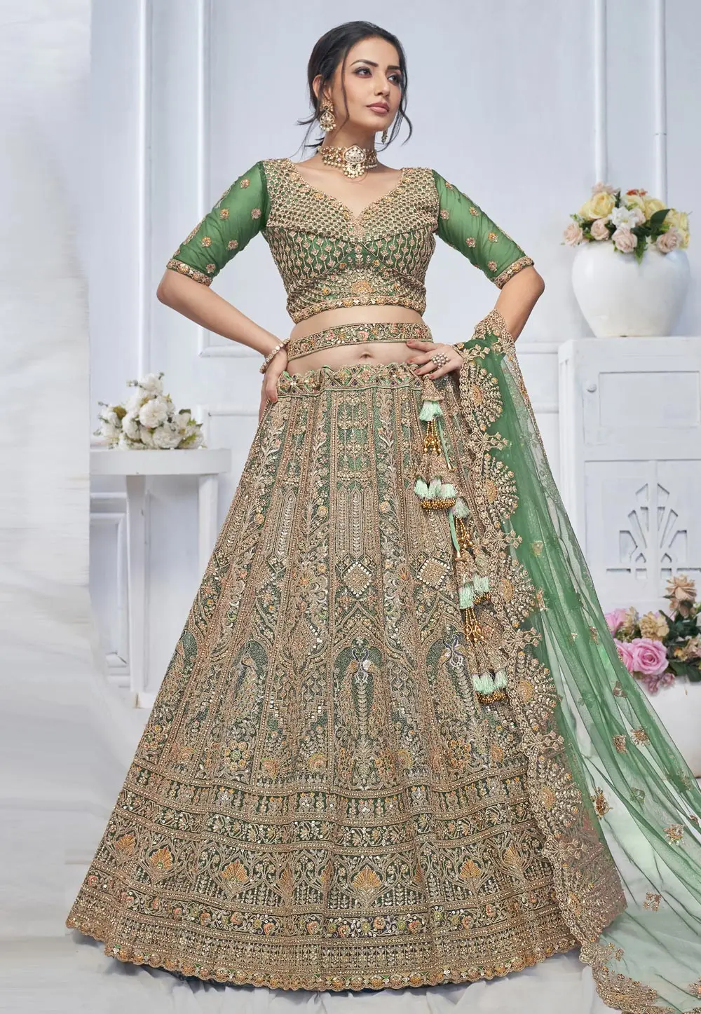 Green Net Wedding Lehenga Choli 297970