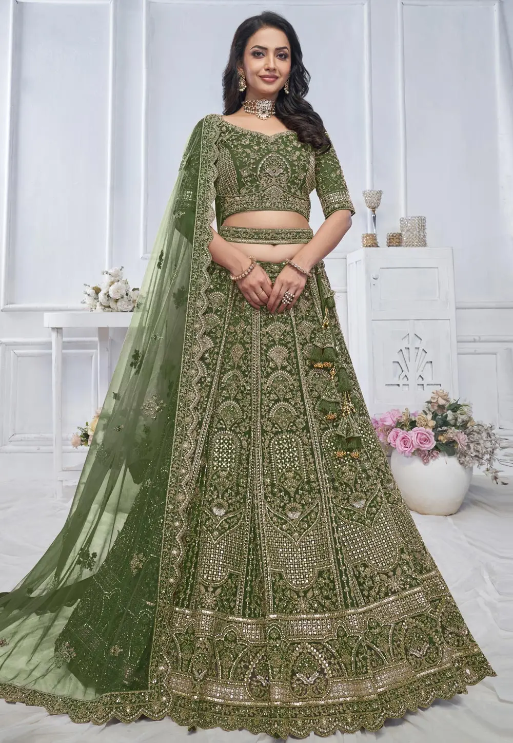 Green Net Wedding Lehenga Choli 297980