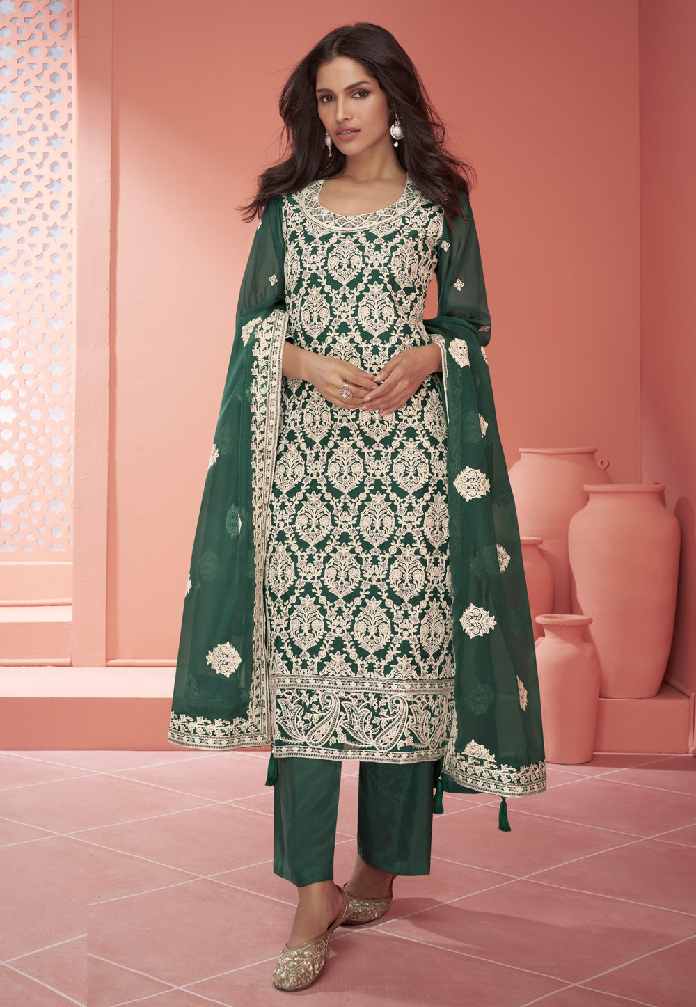 Green Organza Embroidered Palazzo Suit 286543