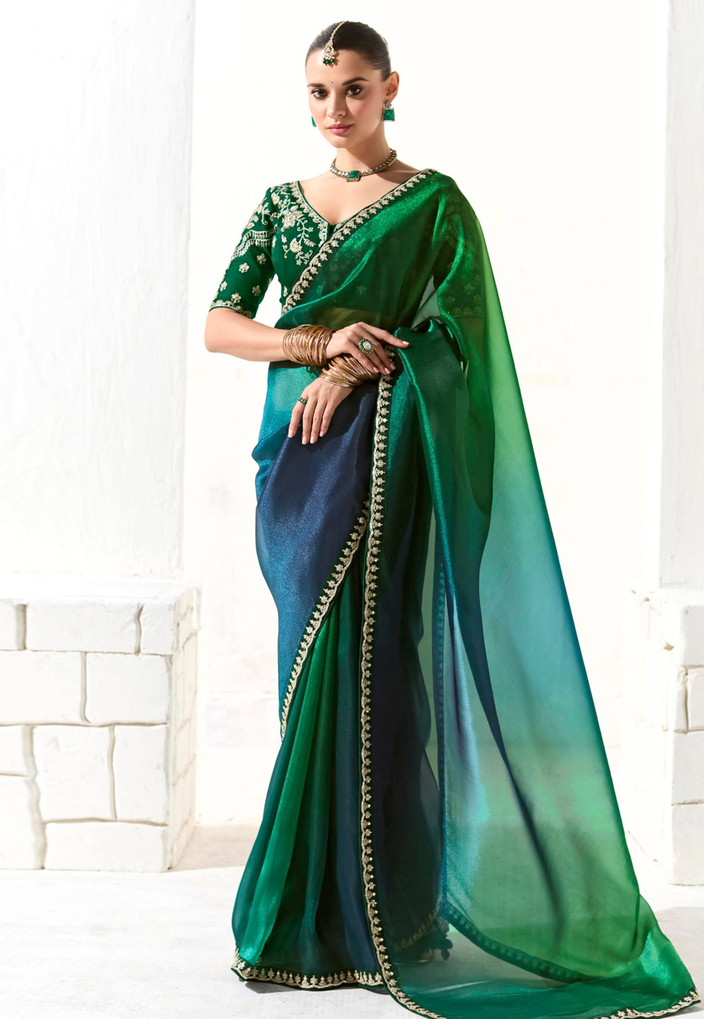 Green Organza Half N Half Saree 309441