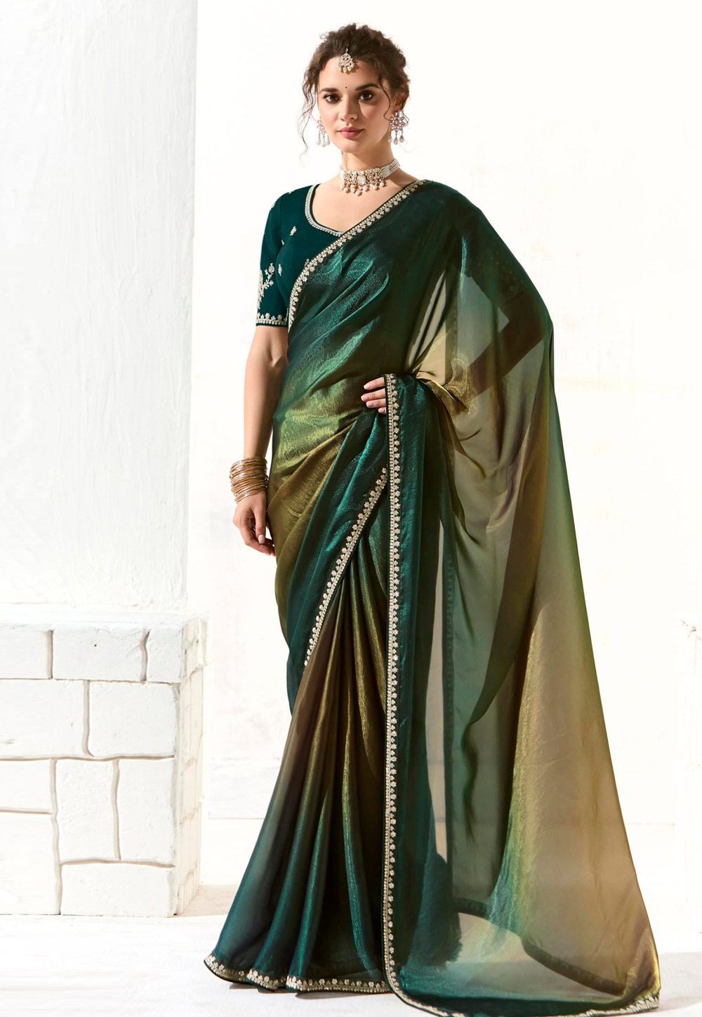 Green Organza Half N Half Saree 309450