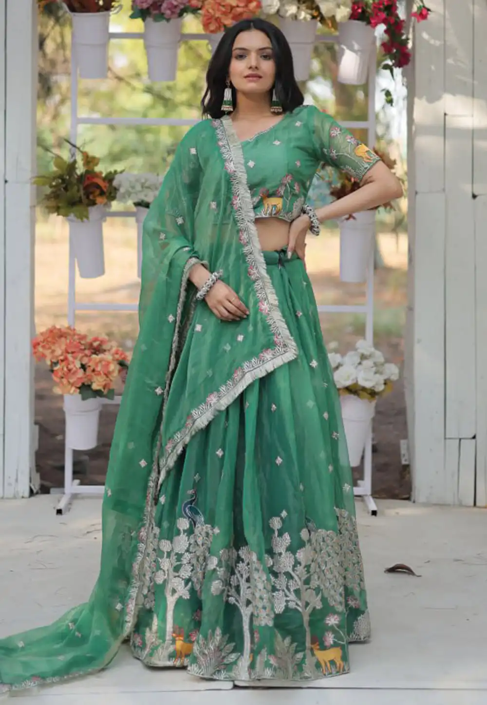 Green Organza Lehenga Choli 294108