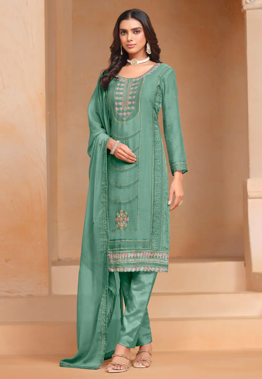 Green Organza Pakistani Suit 295398